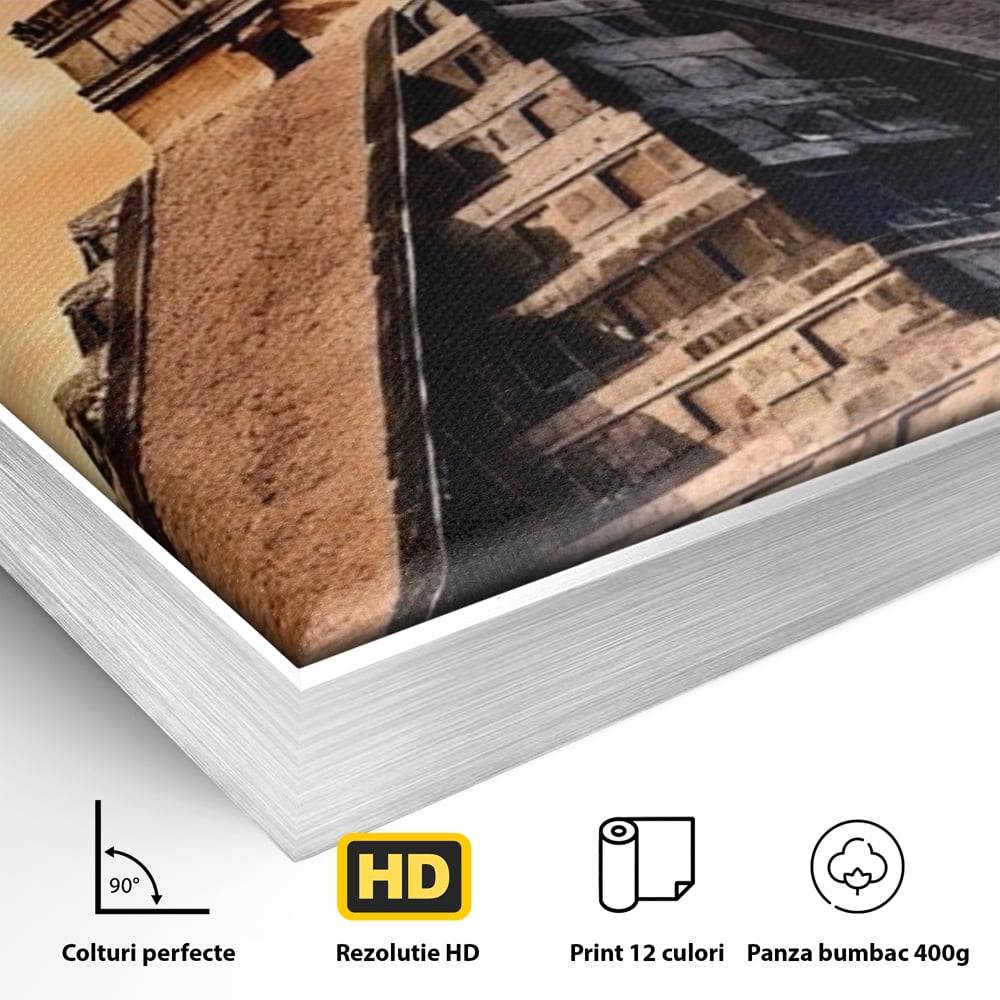 Detaliu al suprafetei: tablou canvas cu piramida mayasa, in rama de aluminiu argintiu